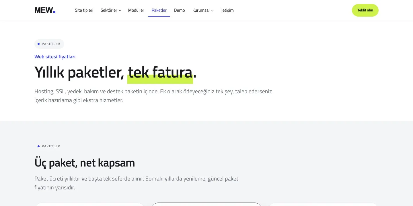 MEW CMS paketleri ve fiyatları