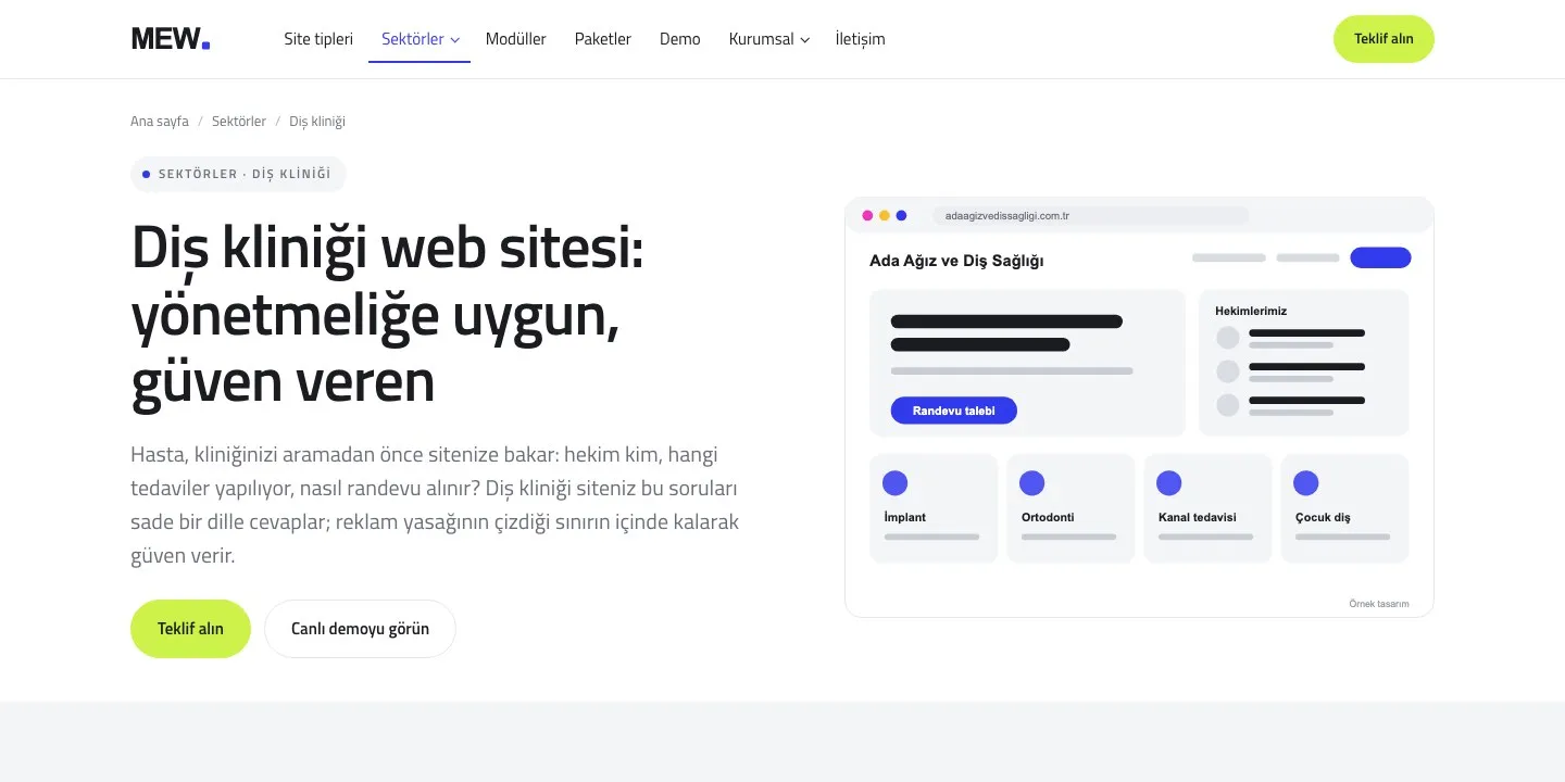 MEW CMS sektör sayfası: diş kliniği web sitesi