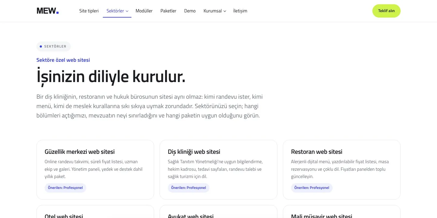 MEW CMS ile sektöre özel web sitesi sayfaları